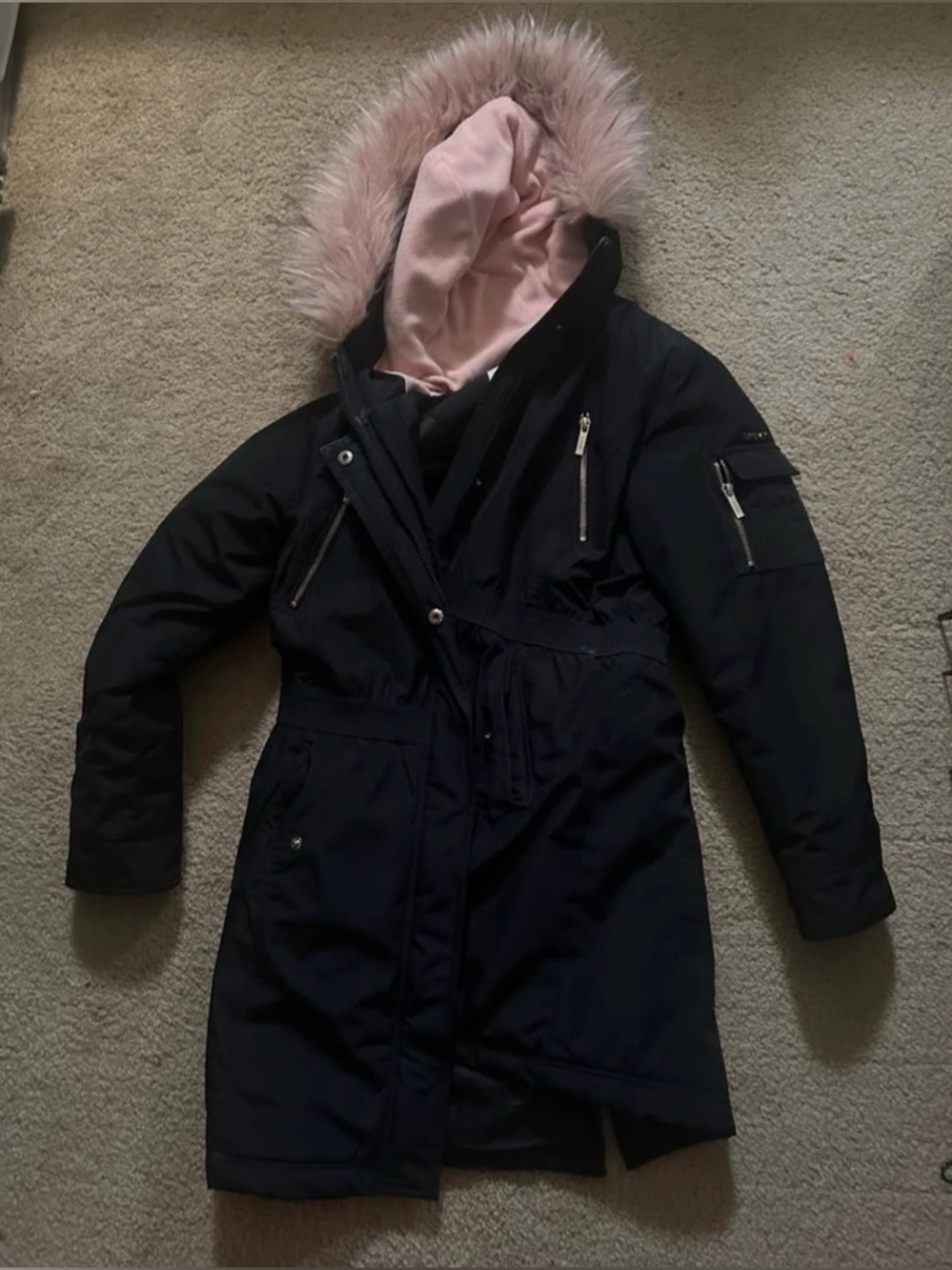 DKNY Black Parka with Blush Pink Hood and Faux-Fur Trim